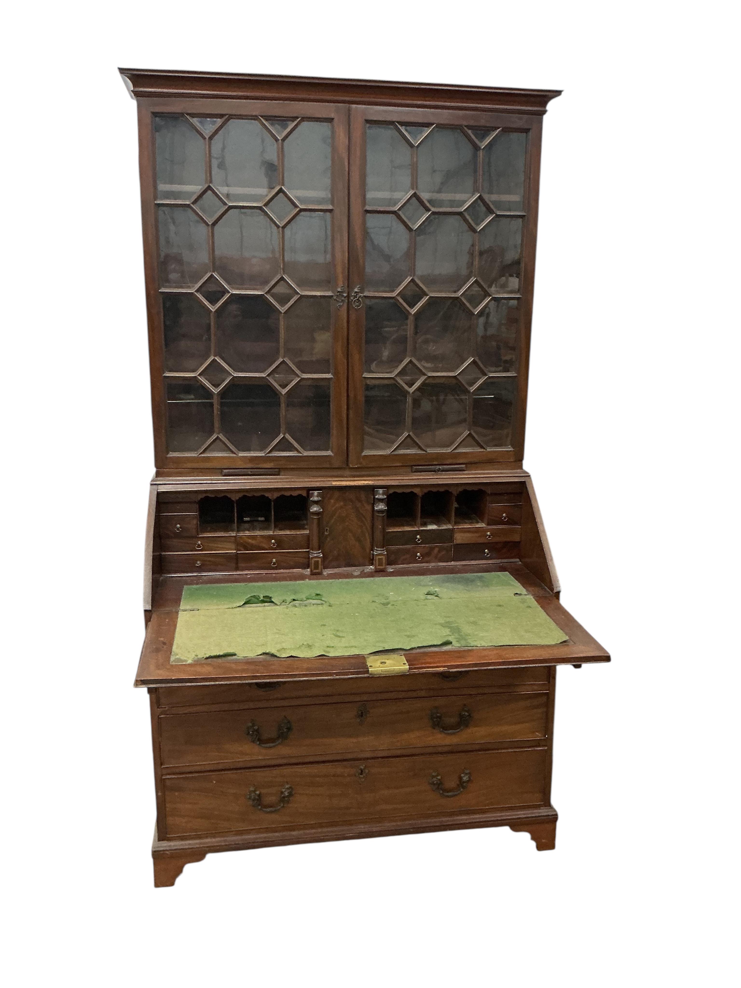 A George III and later mahogany bureau bookcase, width 106cm, depth 54cm, height 203cm